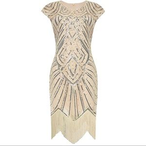 Champagne beaded, fringed flapper dress, size XL